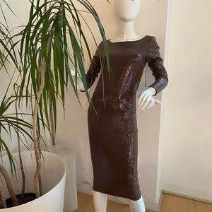 ALICE + OLIVIA SEQUIN BROWN LONG DRESS, SIZE 6